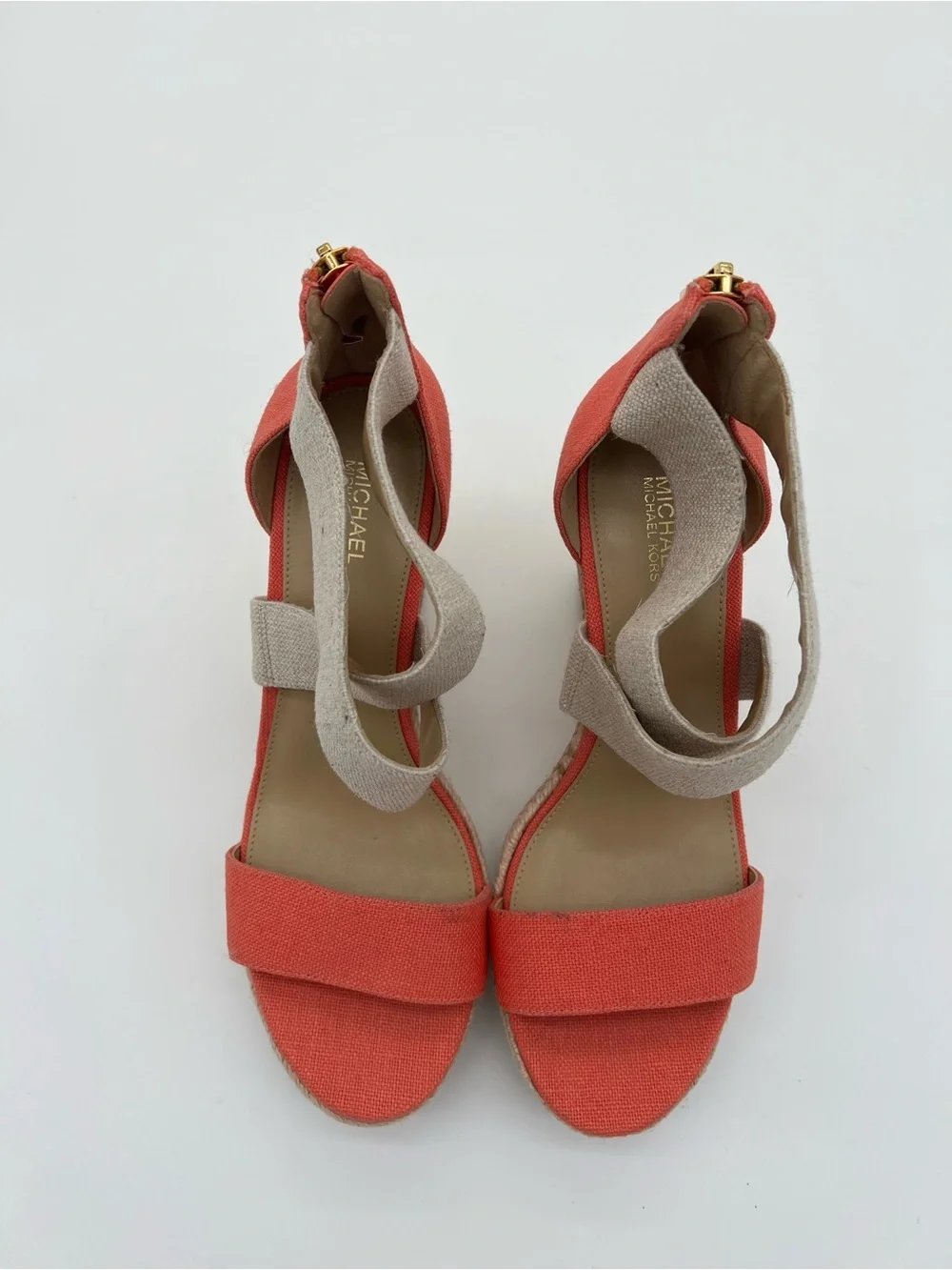 Michael Kors Coral and Natural Canvas Espadrille Wedge Sandals size 7.5